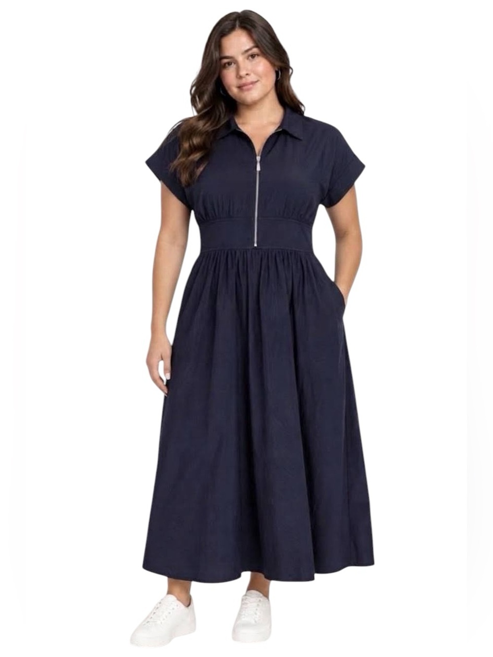 She + Sky Navy Blue Zip Front Drop Shoulder Midi Dress NWT Size L
